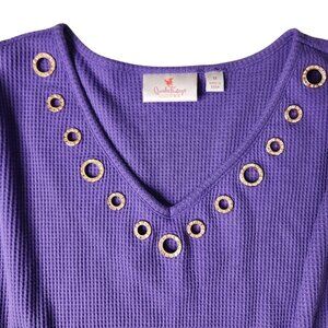 Quacker Factory Shirt Womens Purple Waffle Knit Long Sleeve Rhinestone Rivets 1X